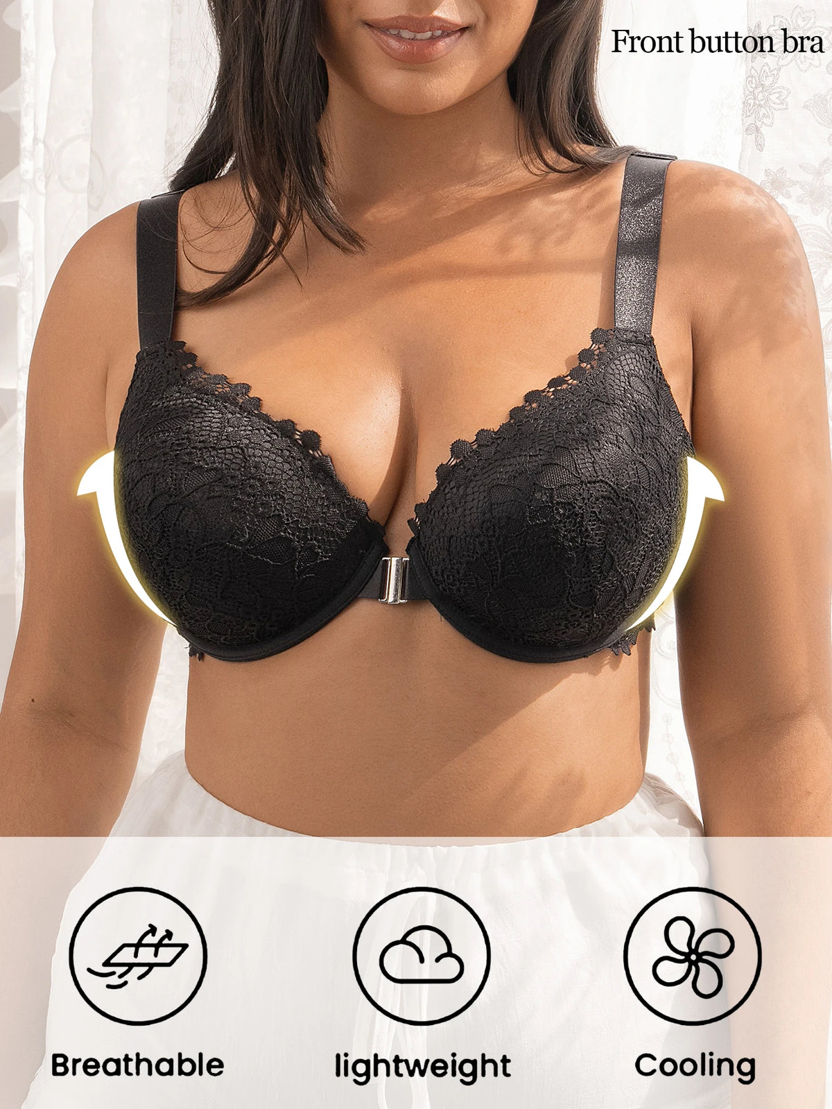 Wide Strap Lace Women Bra Front Closure Underwire Push Up Brassiere Plus Size C D E Cup Breathable Back Lingerie