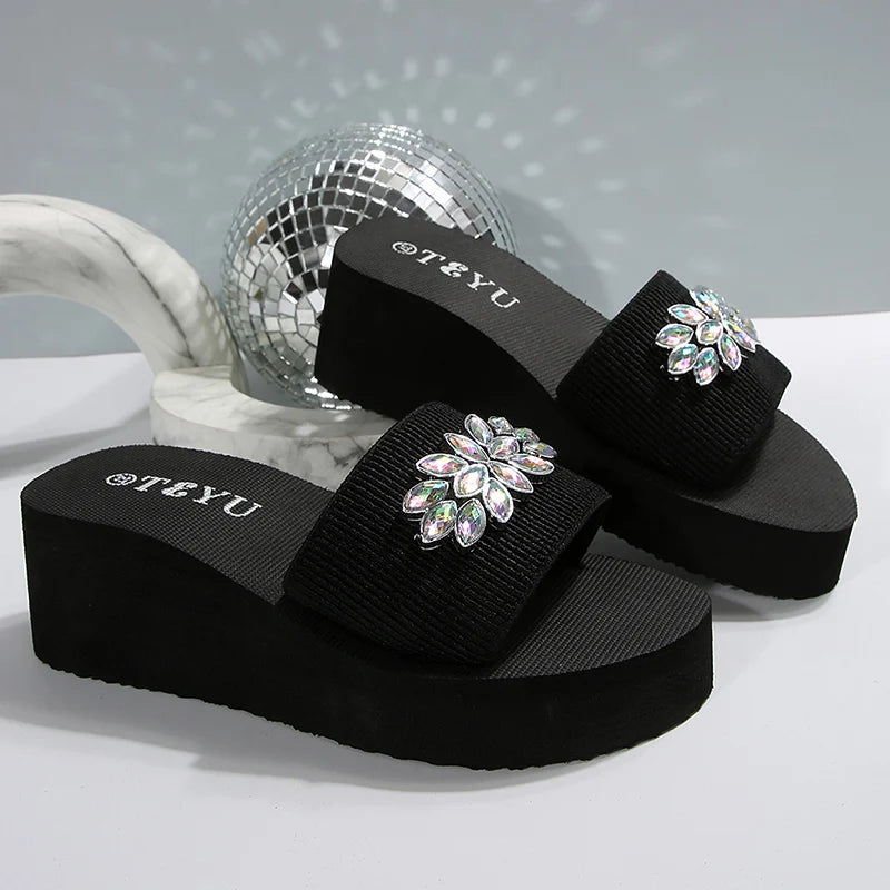 Rhinestone Decor Platform Slippers Women Summer Elastic Band Wedge Heels Sandals Woman Non Slip Lightweight Outdoor Slides 36-42