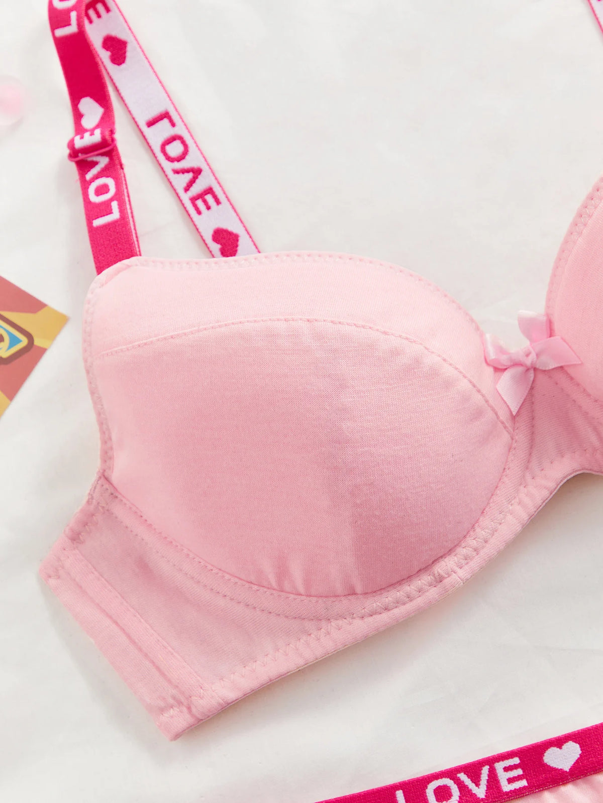 Simple Pink Women Bra Set Letter Strap Underwire Push Up Brassiere Sweet Bow Daily Wear Underwear Set