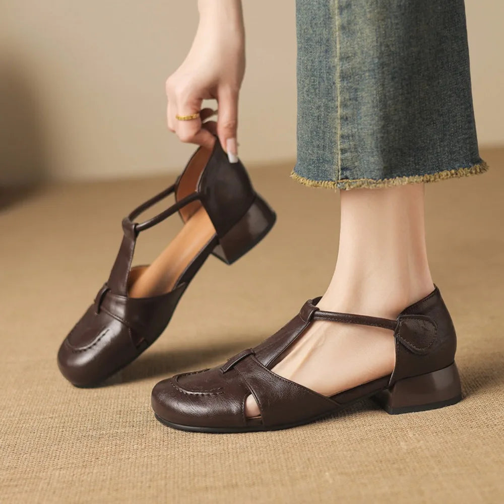 French Slip-on Single Shoes Retro British Shoes for Women Brown T-Strap Shallow Flat Sandals Soft Leather RomeSummer New 32-43