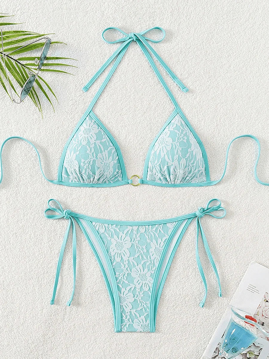 Embroidery Mesh Lace Halter Bikini Female Swimsuit Women Swimwear Two-pieces Bikini Set High Cut Bathing Suit Swim Beach Wear