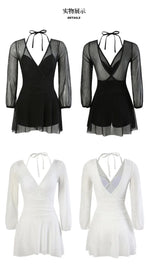 Swimsuit Women's Summer New One-piece Skirt Style Slimming Lace Long Sleeved Small Chest Steel Support Hot Spring Swimsuit