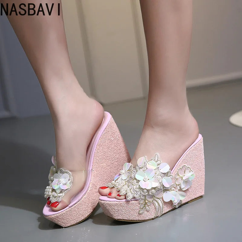 New Summer Flower Decoration Platform Wedges Sandals Women Fashion Silver High Heels Female Summer Gold Shoes Size 34-40