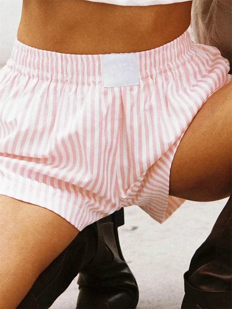 Women Striped Casual Shorts Elastic Waist Wide Leg Short Pants Summer Streetwear for Daily Date