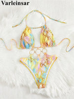 S - XL Printed Halter Metal Rings One Piece Swimsuit Women Swimwear Female Monokini High Leg Cut Bather Bathing Suit Swim V7721