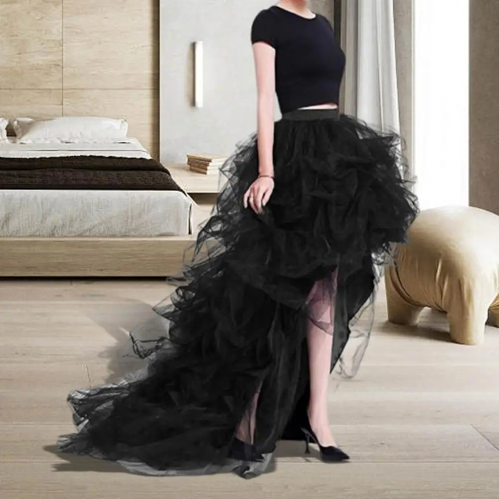 Solid Color Skirt Women Tulle Puffy High-Waist Elastic Waistband High-Low Hem Wedding Planning Gown Skirt Party Dress