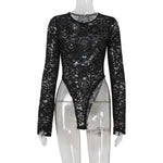 Ahagaga Floral Lace Women's Bodysuits Sexy Solid See Through Tees O-Neck Long Trumpet Sleeve Slim Fit Streetwear Rompers T Shirs