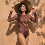 Vintage Long Sleeved Mesh Sunscreen Swimsuit Women Blue Floral Print Drawstring Side High Waist Swimwear 2026 Beach Bathing Suit