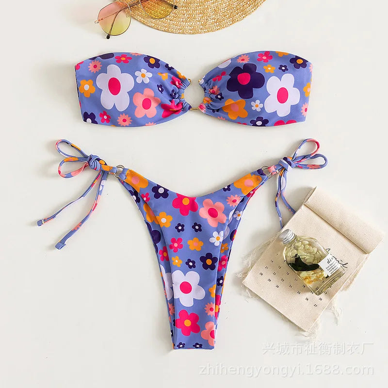 Sexy Bandeau Bikini 2025 Women Pink Floral Print Ring Circle Push Up Micro Swimsuit Off Shoulder Bathing Suit Thong Swimwear