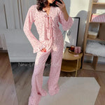 Women European Autumn Winter Knit Pajama Set Hollow Print Tie Top Ruffle Long Pants Two Piece Ladies Homewear Sleepwear
