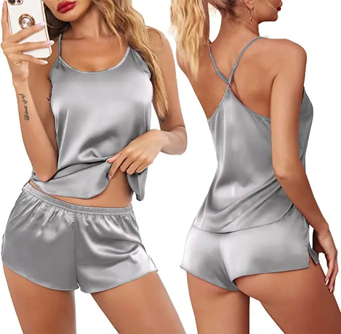 Summer New Ice Silk Spaghetti Strap Sexy Women Pajamas Pure Color Thin Section Fashion Sleepwear