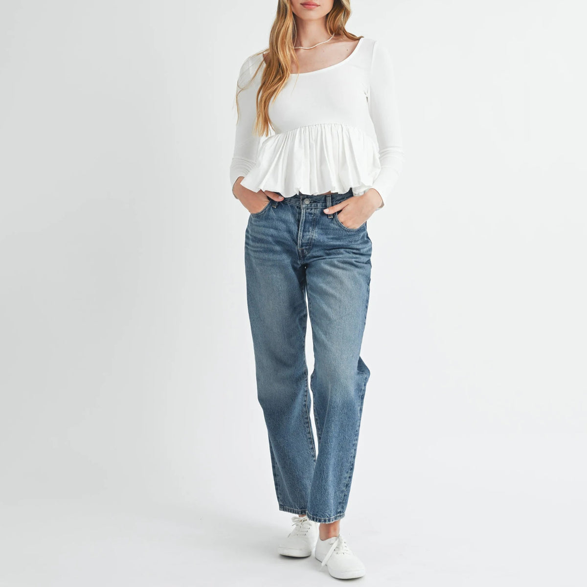 Women Long Sleeve Fall Peplum Tops Casual Solid Color Ruffled Hem Basic T-shirts Streetwear