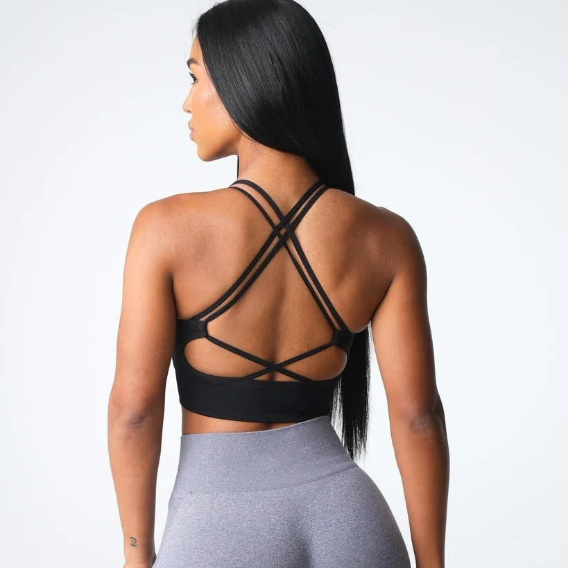 Virtue Seamless Sports Bra Women Backless Gym Crop Top Medium Impact Padded Yoga Bras Strappy Push Up Fitness Brassiere Woman