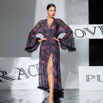 2026 New Women Elegant Butterfly Print Mesh Robe Big Flare Sleeve Lace Up Tassel Fringe High Slit Bathrobe Loungewear