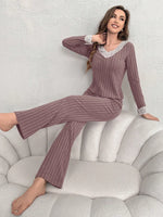 Autumn and winter new women's home wear fashionable casual pajamas temperament V-neck lace splicing set long sleeved pants Y2K