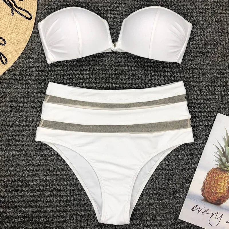 Sexy Bra Cup Bandeau Bikinis High Waist Bikini Women Swimsuit Female Swimwear Two-pieces Bikini Set Mesh Bathing Suit Swim Lady