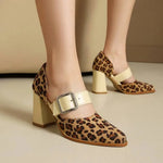 SpringAutumn New Model Fashion High Heels Nude Shoes Color Blocking Pointed Tip Buckle Leopard Print Sexy Party Women's Shoes