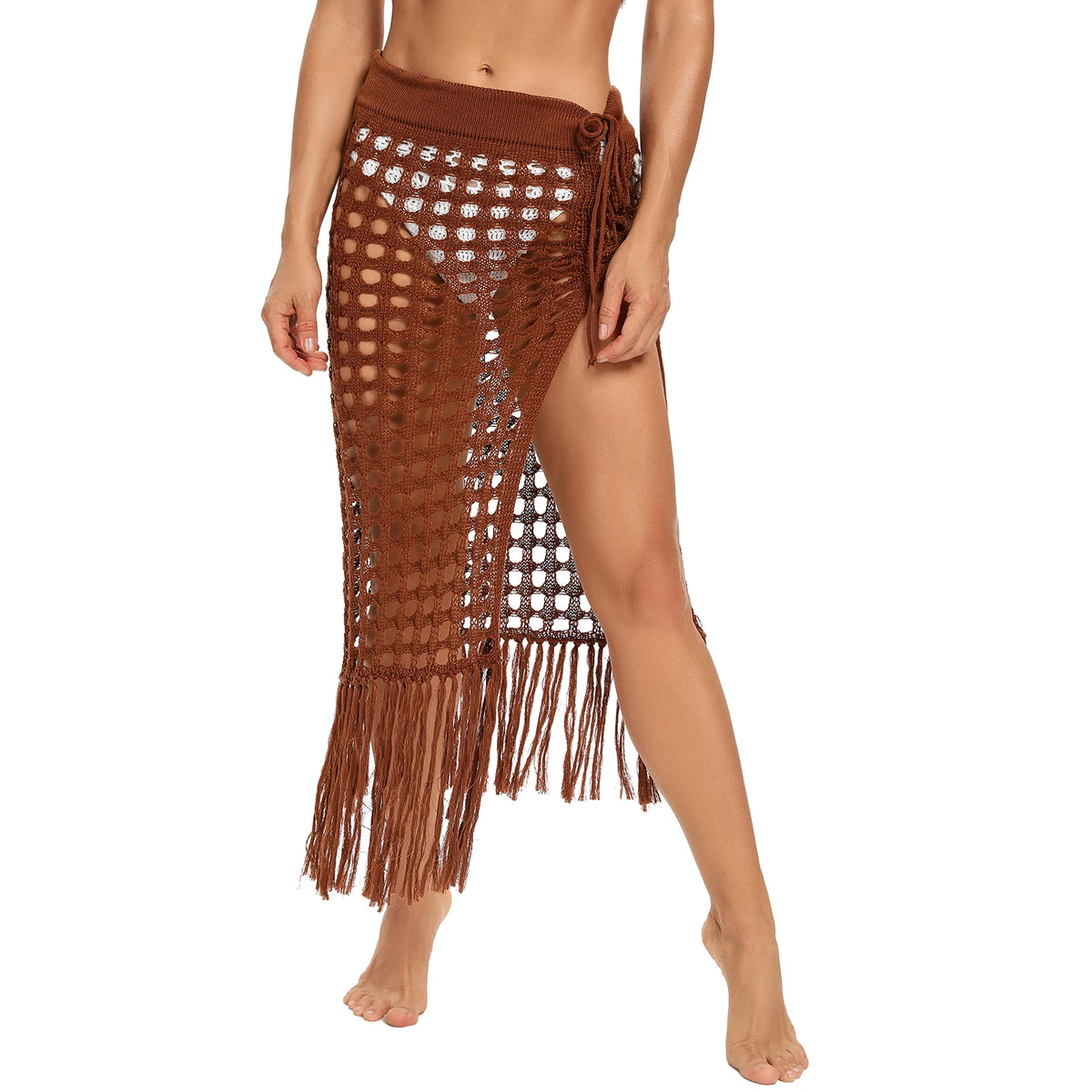 Womens Swimwears Skirts Knit Hollow Out Bikini Cover-ups See Through Club Beach Sexy Tie-ups Waist Tassel Hem Split Skirts