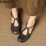 Women's T-Strap Shallow Flat Sandals Soft Leather Rome French Slip-on Single Shoes Retro Round Toe Shoes for Women Summer 32-43