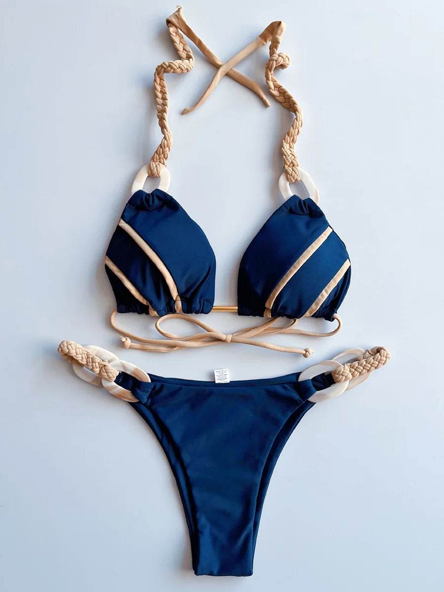Splicing Halter Knitted Bikini Women Swimwear Female Swimsuit Two-pieces Bikini Set Brazilian Bather Bathing Suit Swim Beachwear