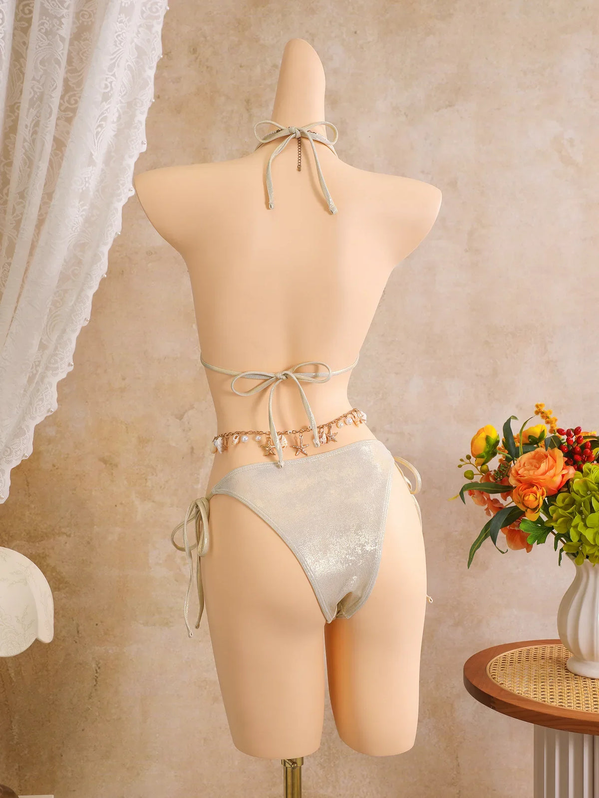 Sexy Beige 3D Flowers Embroidered Bikini Set 2026 Women Drawstring Cover Up 3 Piece Swimsuit Beach Bathing Suit Holiday Swimwear