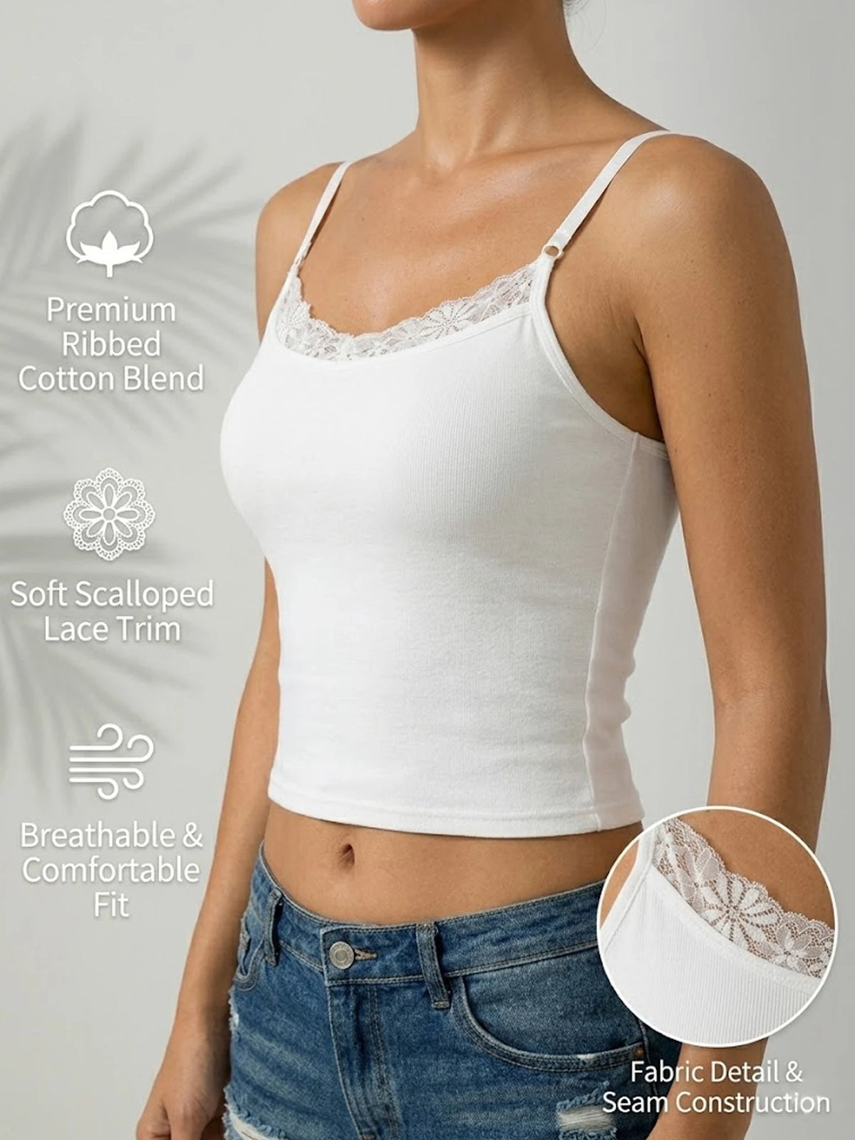 Summer Women Lace Neckline Camisole Adjustable thin straps Vest Top Built-in padding Breathable Sleeveless Underwear