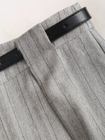 Women's Elegant Grey Striped Pleated Office Lady Pants Casual Wide Leg Loose Long Trousers Spring/Fall