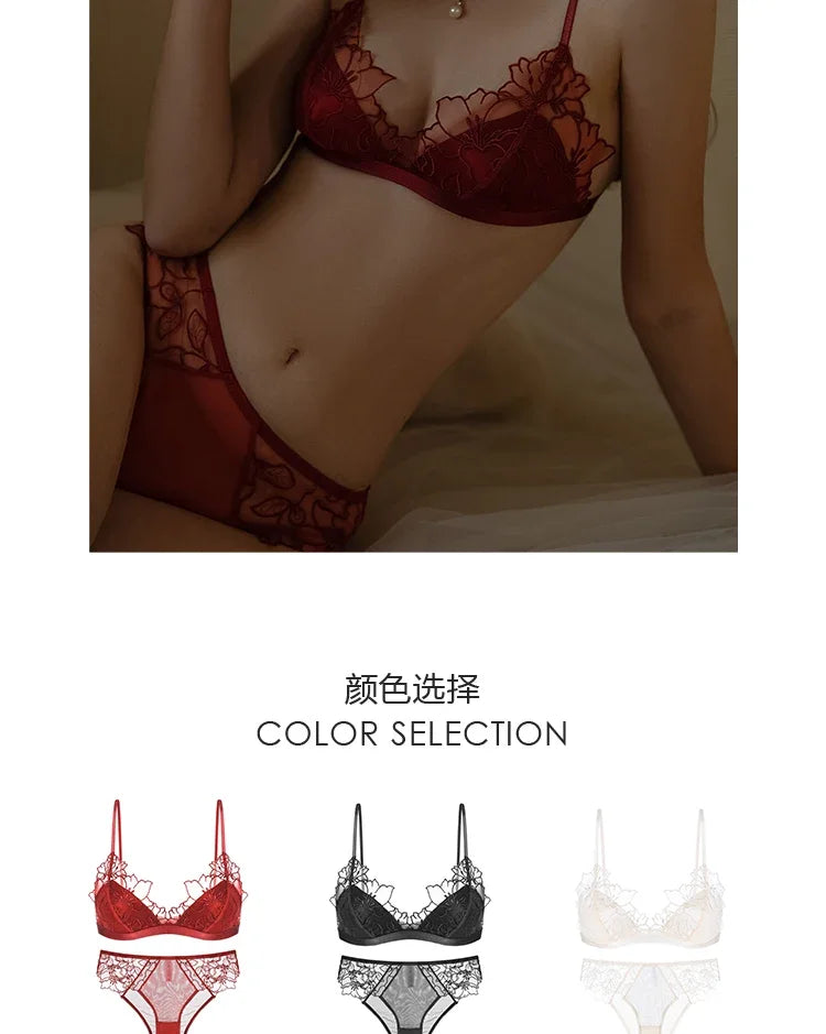 MOYISU Pure Desire Victoria French Lace Embroidered Lingerie Women's Thin Cup Triangle Cup Bra Set Comfortable No Underwire