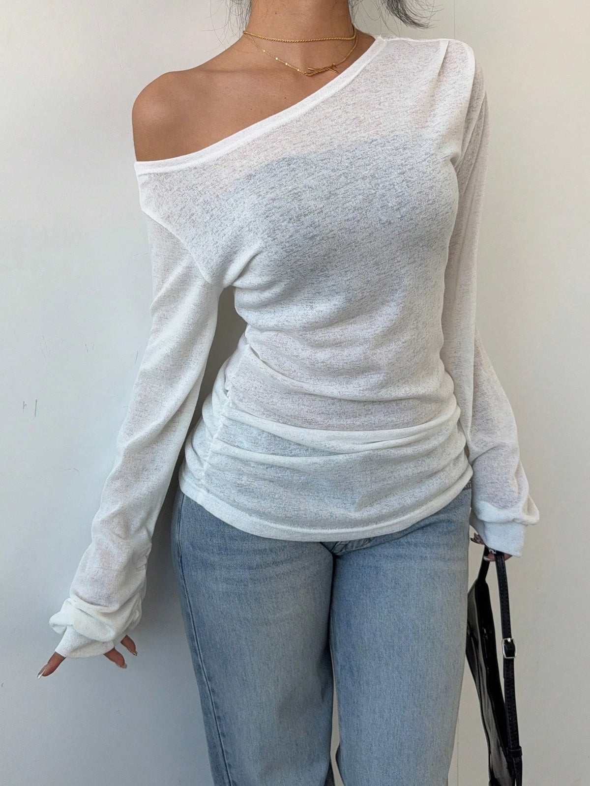 Women's Casual Solid Color Slope Collar Long Sleeved T-Shirt Loose Slouchy Style See-Through Off The Shoulder Top