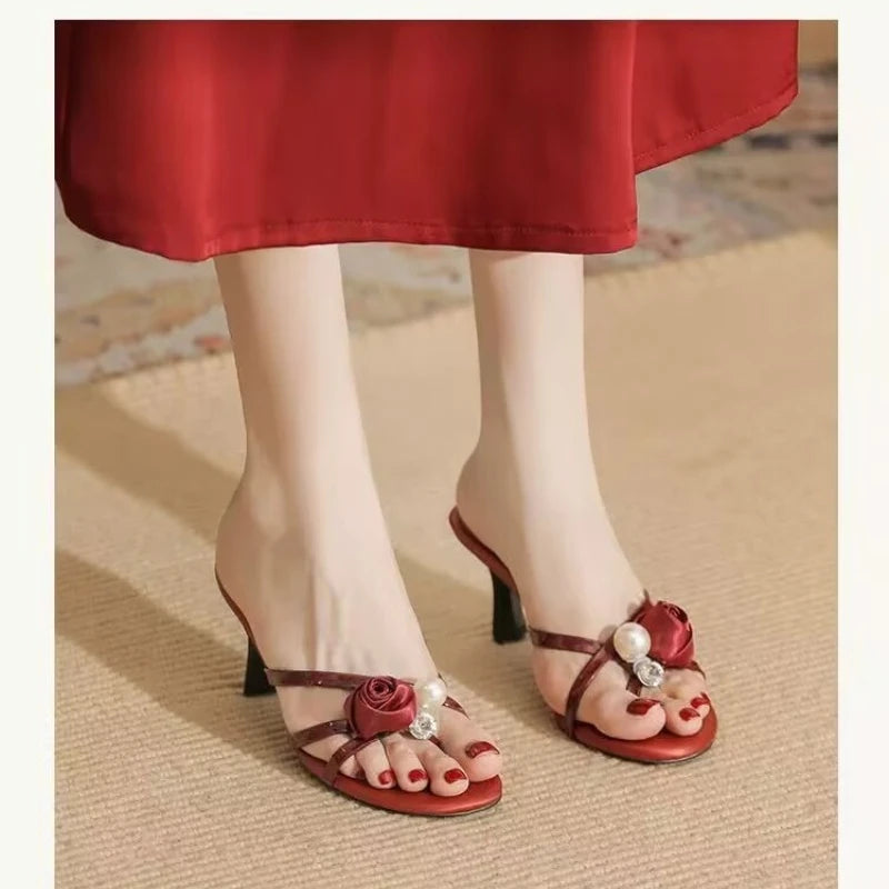 Liyke 2026 New Fashion Flowers Pearl Women Slippers Summer Party DressSandals