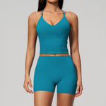 New Yoga Sets Women V Neck Back Criss Cross Sports Tank Top High Waist Butt Lift Shorts Fitness Suit Gym Running Workout Clothes
