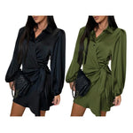 Party Club Short Dress Women's Satin Shirt Dress V Neck Long Sleeve Wrap Dresses Casual Tie Waist Mini Dress