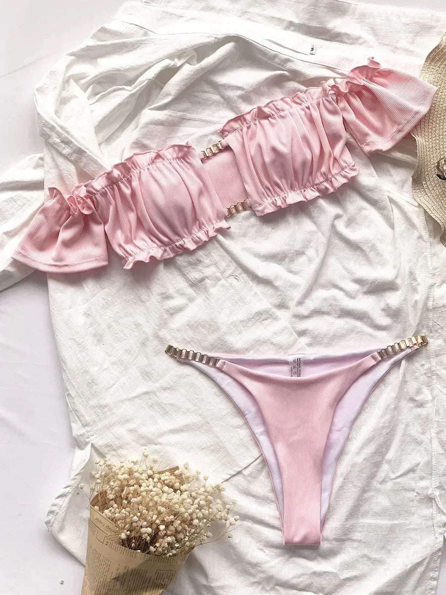 Sexy Ruffled Frill Off Shoulder Bikini Women Swimwear Female Swimsuit Two-pieces Bikini Set Ribbed Bathing Suit Swim Beach Wear