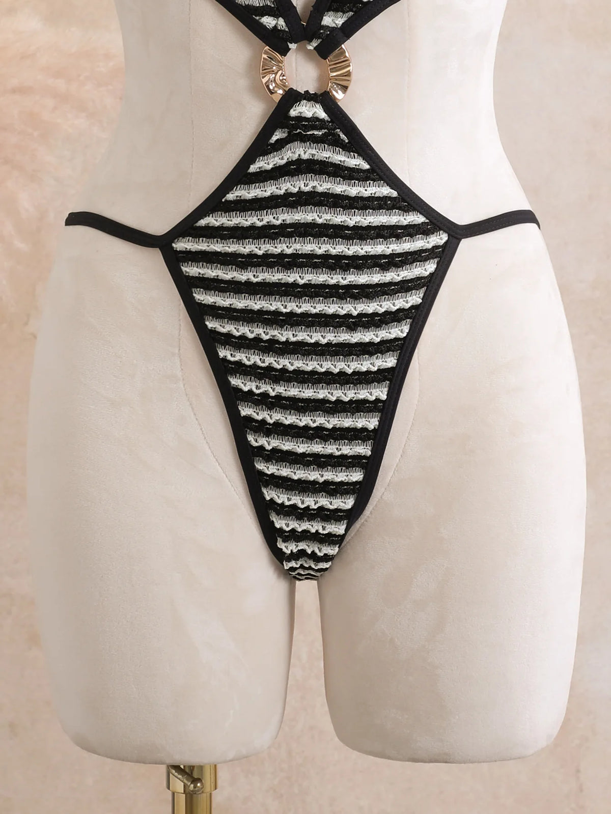 Sexy Black Stripe Knitted One Piece Swimwear Skirts Sets 2026 Women Metal Circle Hollow Out Backless Bathing Suit Thong Swimsuit