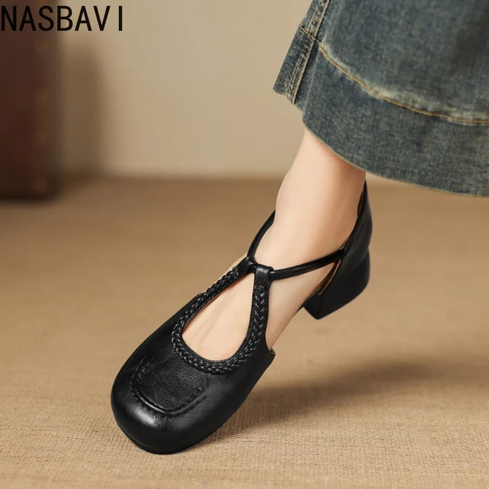 Women's T-Strap Shallow Flat Sandals Soft Leather Rome French Slip-on Single Shoes Retro Round Toe Shoes for Women Summer 32-43