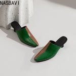 NASBAVI New Breathable Hollow Slippers Stone Pattern Leather Pumps Women Chunky Heels Mules Black Dress Shoes Big Size 45 46 47