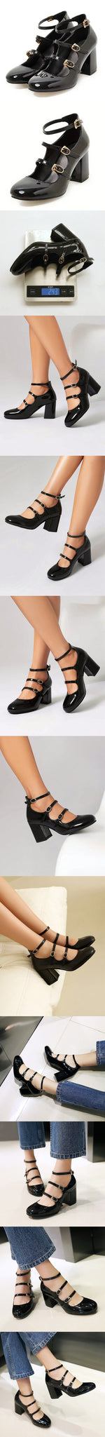 Brand New Big Size 43 Sweet Red Mary Jane Pumps Lovely 7cm High Heels Buckle Straps Party Shoes Black Office Lady Shoes Women