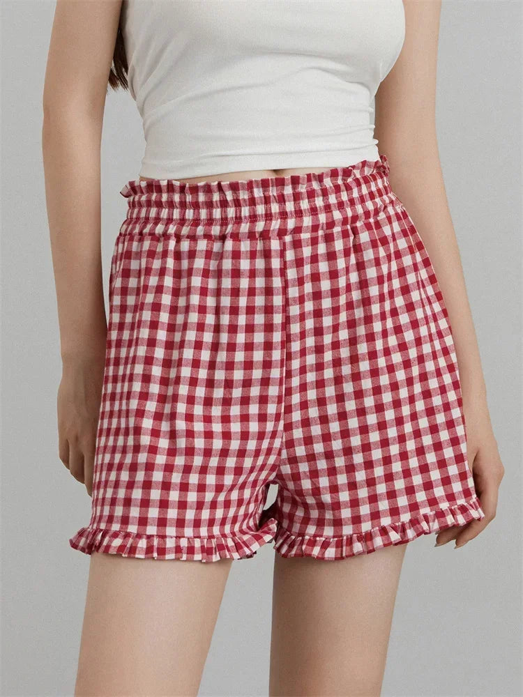 Women's Plaid Shorts Casual Loose Fitting Elastic Waist Shirred Ruffled Trim Short Pants Lounge Shorts