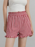 Women's Plaid Shorts Casual Loose Fitting Elastic Waist Shirred Ruffled Trim Short Pants Lounge Shorts