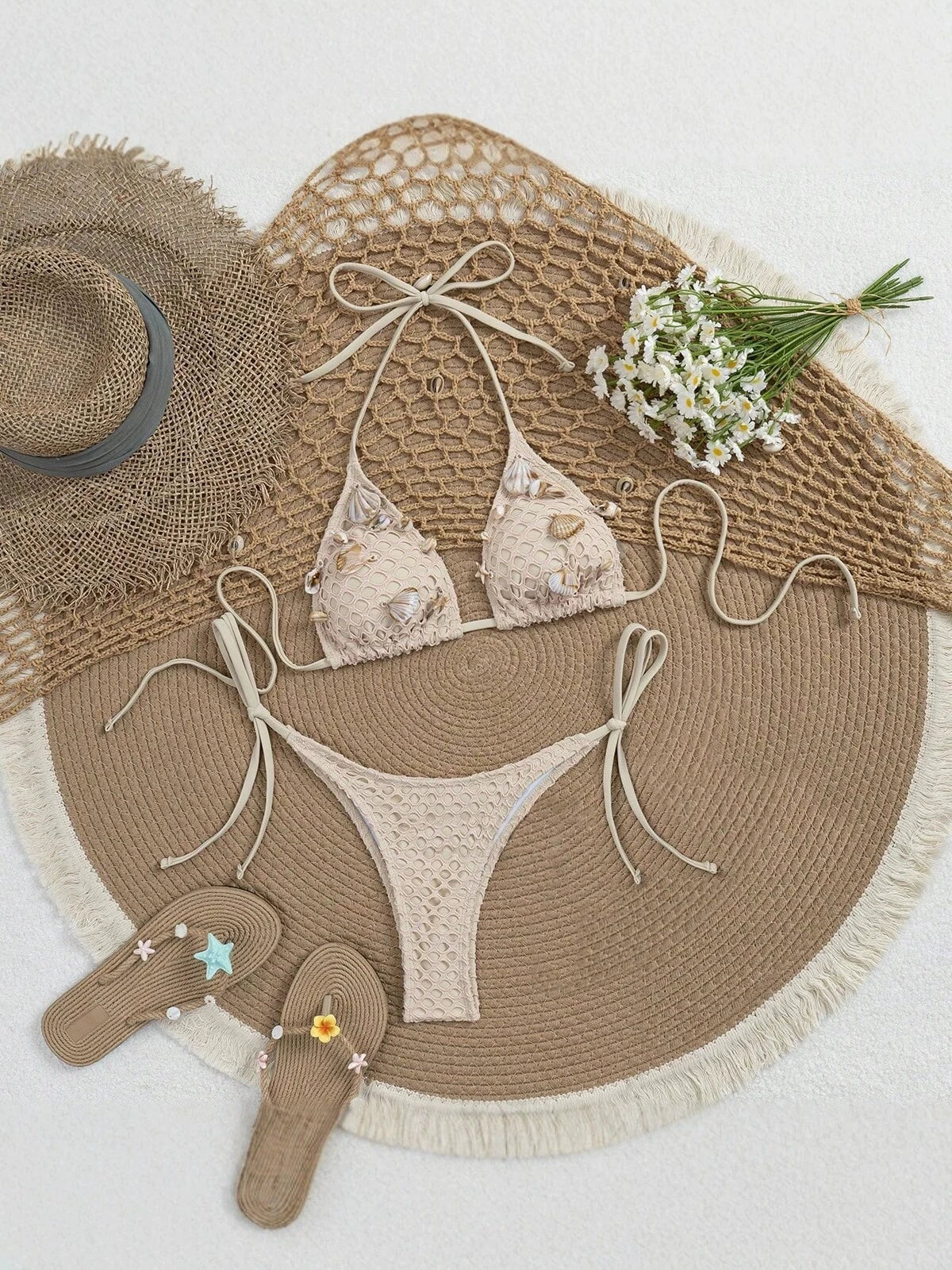 DEKA Women Hollow Out Scalloped Pearls Bikini Set Seashell Swimwear Bather Bathing Suit Swim Halter Bikini Female Swimsuit