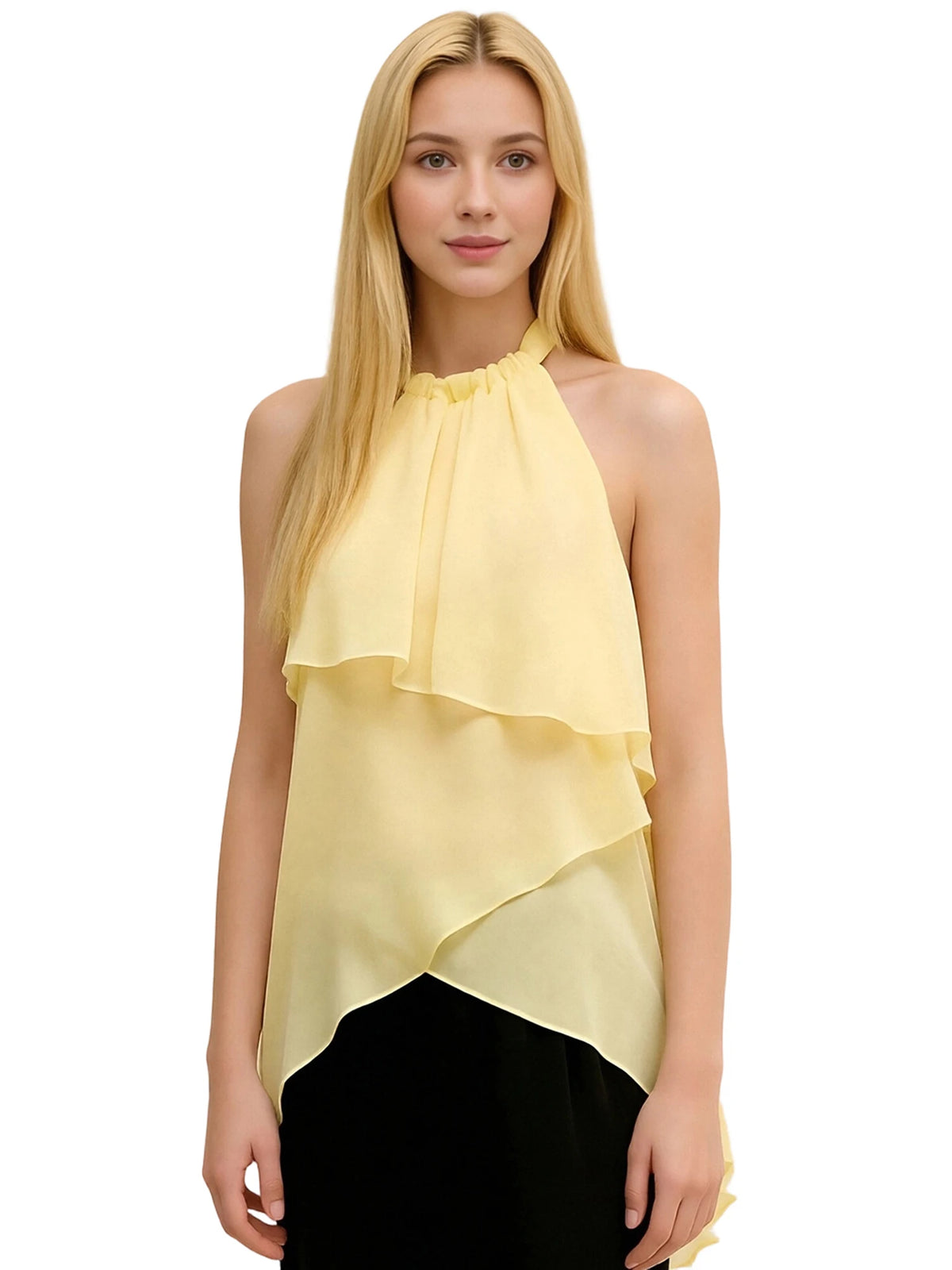 Women Summer Trendy Asymmetrical Layered Backless Shirts Solid Color Chiffon Halter Tops for Streetwear