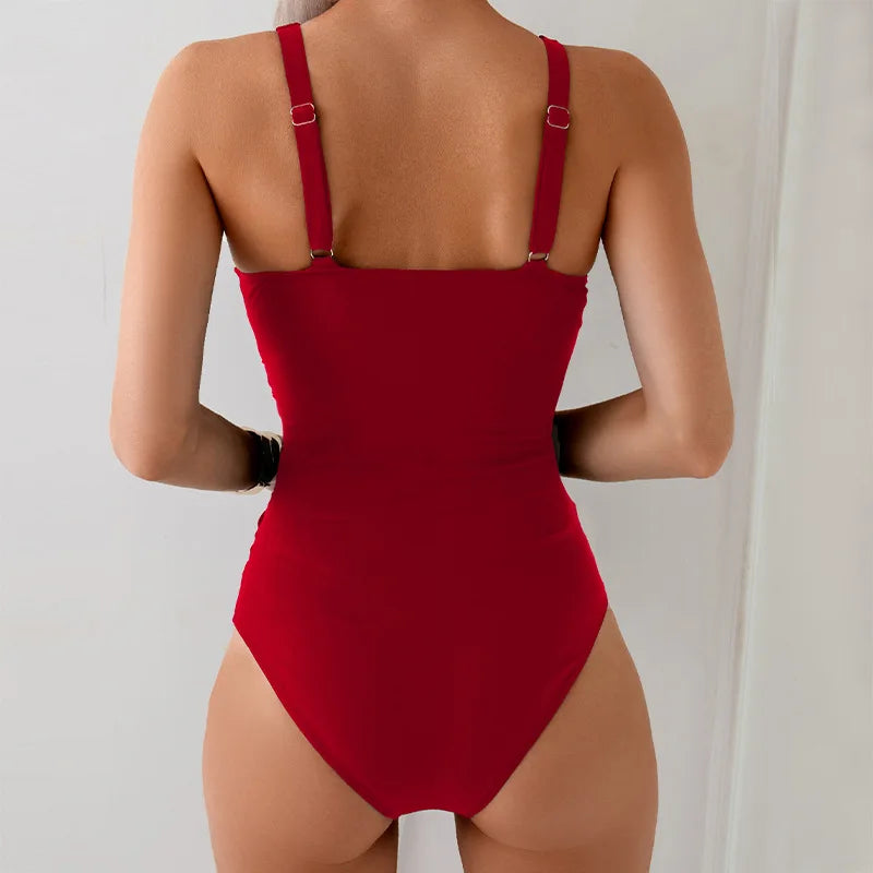 2025 Red One Piece Swimsuit Women Swimwear Sexy Padded Tummy Control Swimming Suit Monokini Bodysuit Beach Wear Bathing Suit