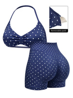 Sexy Black Polka Dot Print Seamless Yoga Sets Women Hanging Neck Pleate Sports Bra Tight High Waist Short Running Fitness Suits