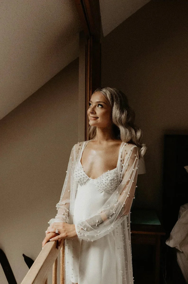 Luminous Lace & Pearls Luxurious Tulle Bride Sheer Robe Luxury Pearl Bridal Voile Robe for a Sparkling Wedding Day Kimono Robe
