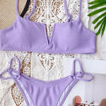 Sexy Bikini Women Small V-neck Pit Striped Double Straps Light Purple Swimwear Swimsuit Bikinis Set Bathing Suit Female Biquinis