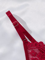 Deep V netted embroidered nightgown and thong set. Red lace strapless sexy women's homewear. ZA825096