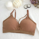 Women Ribbed Knit Bra Front Cutout V Neck Wireless Bralette Fixed Thin Spaghetti Straps Underwear Skin-Friendly Cotton Inner Top