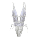 2026 New Deep V One Piece Black Swimsuit Halter Solid Color Women's Backless Bathing Suit Bandage White Swimwear For Female