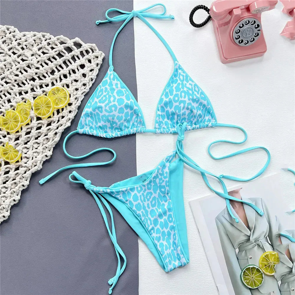 Pink Leopard Print Swimwear String Halter Triangle Bikini Set Micro Thong Sexy Swimsuit Women 2026 Bating Suit Bikinis De Mujer