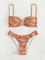 Sexy Pleate Micro Bikini Women U Neck Push Up Orange Floral Print Micro Swimsuit 2025 Summer Bathing Suit Lace Up Thong Swimwear